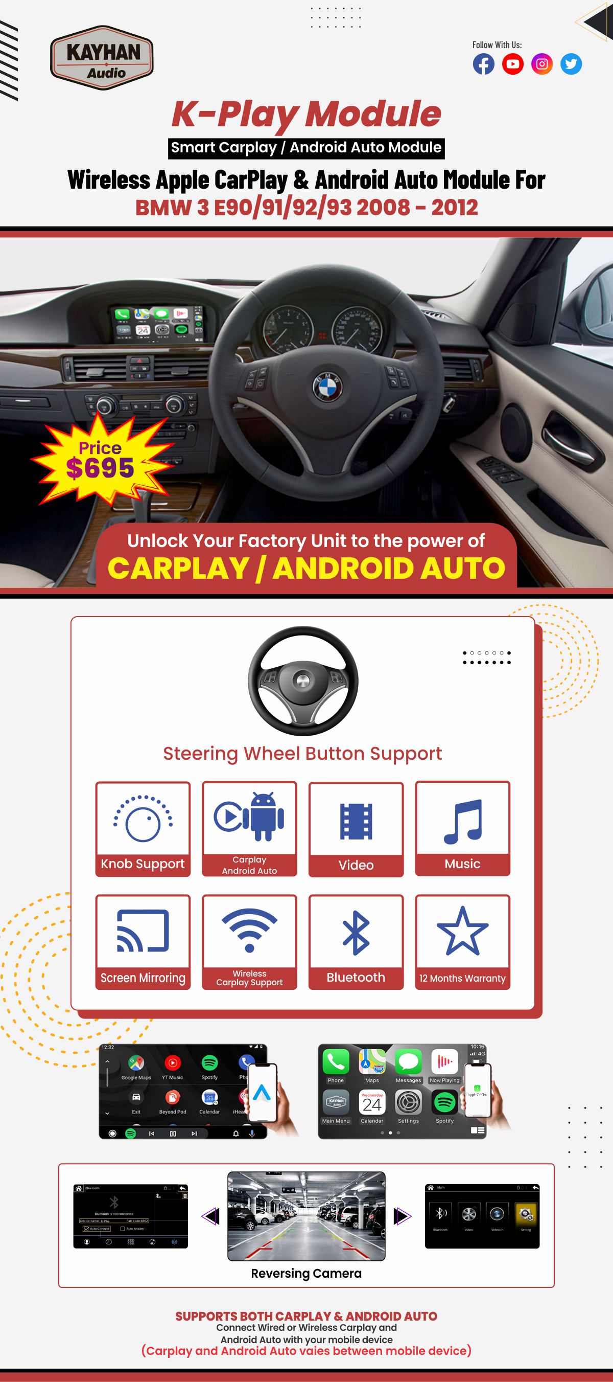 Wireless Apple CarPlay & Android Auto Module For BMW 3 E90/91/92/93 2009-2012