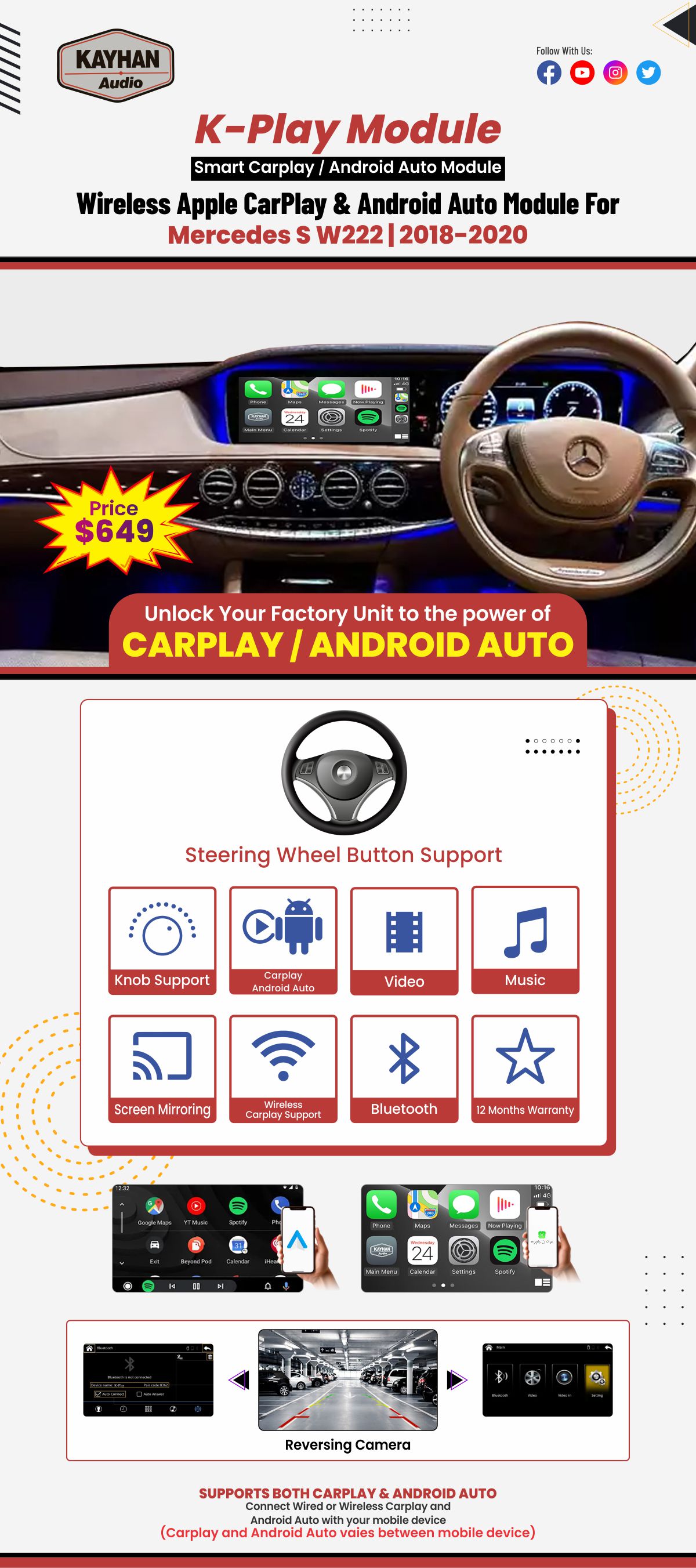 Wireless Apple CarPlay & Android Auto Module For Mercedes S W222 2018-2020