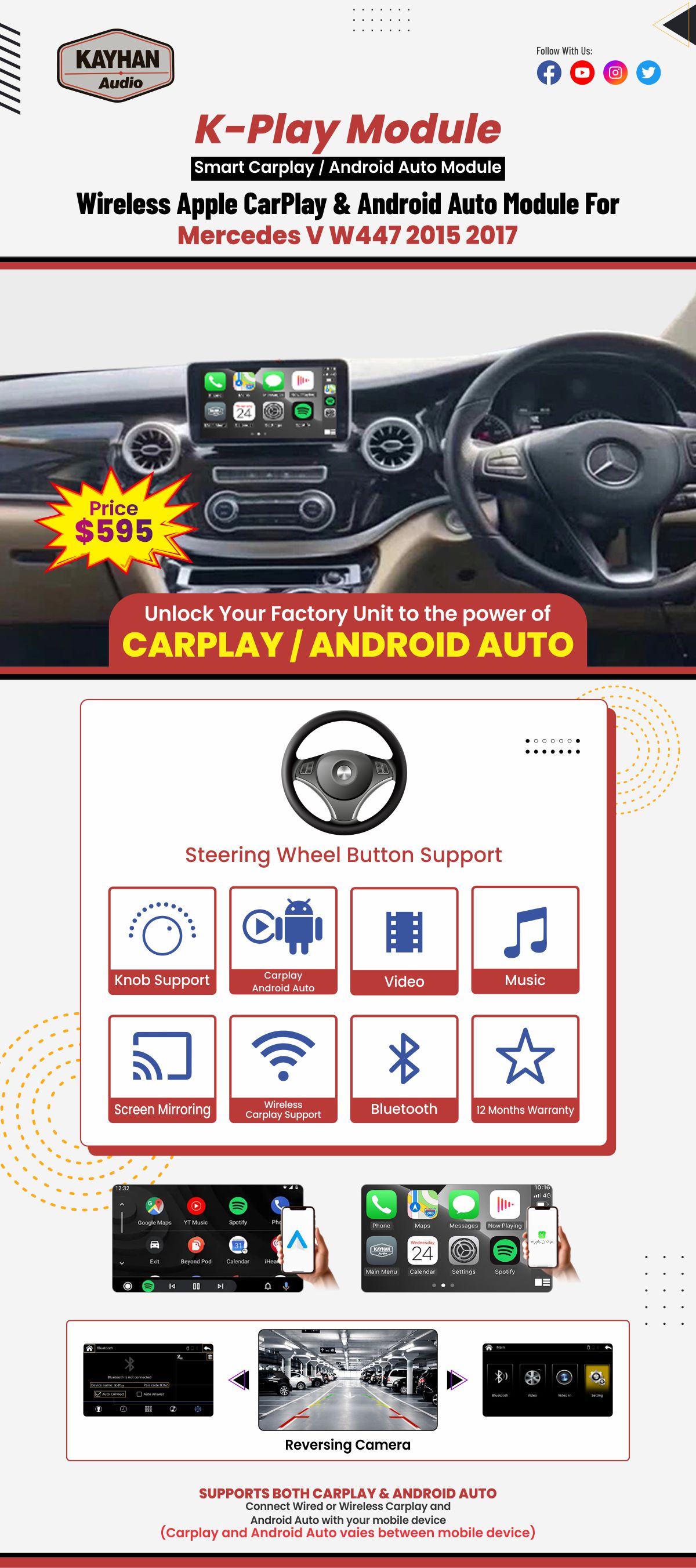 Wireless Apple CarPlay & Android Auto Module For Mercedes V W447 2015-2017