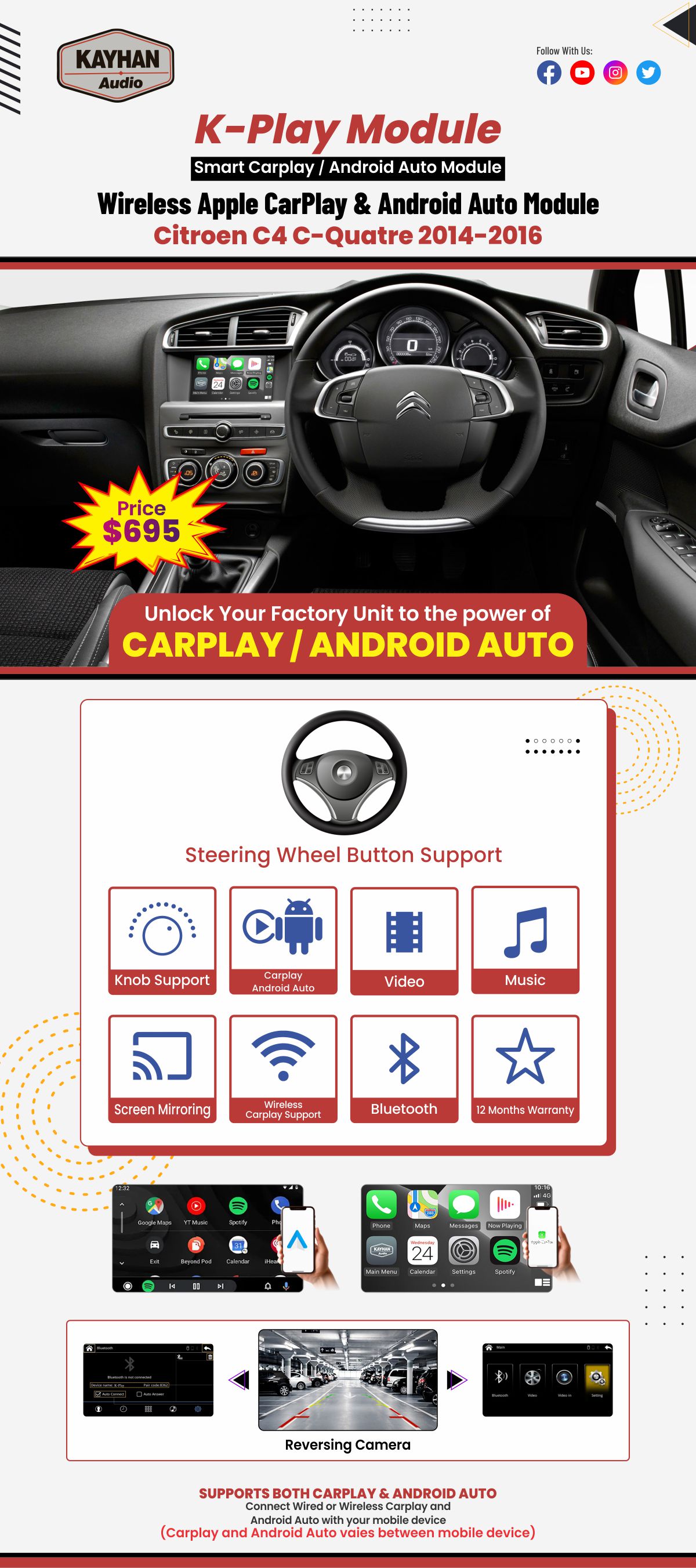 Wireless Apple CarPlay & Android Auto Module For Citroen C4 C-Quatre 2014-2016
