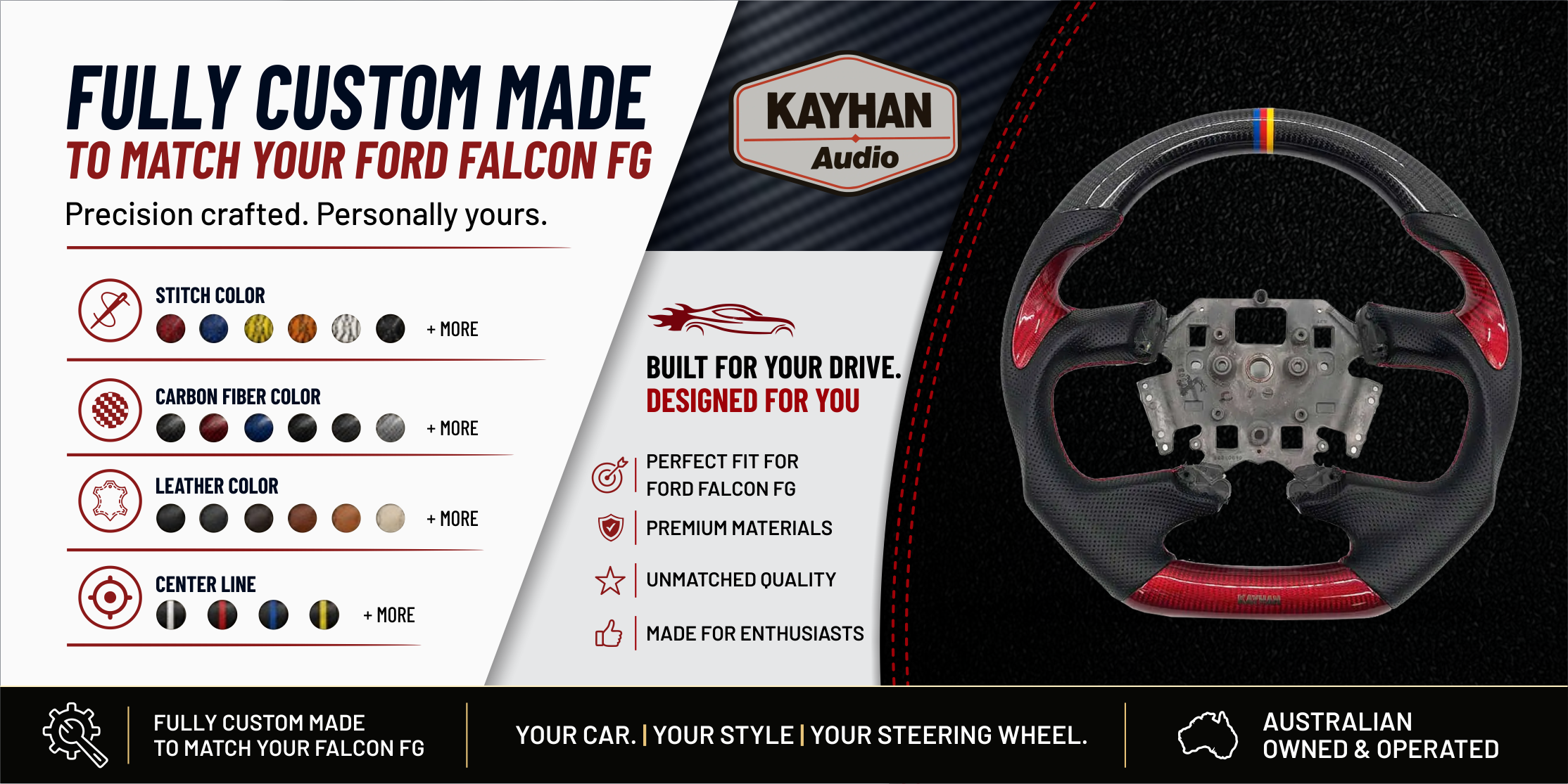 Custom Ford Falcon FG steering wheel with carbon fibre and blue stitching