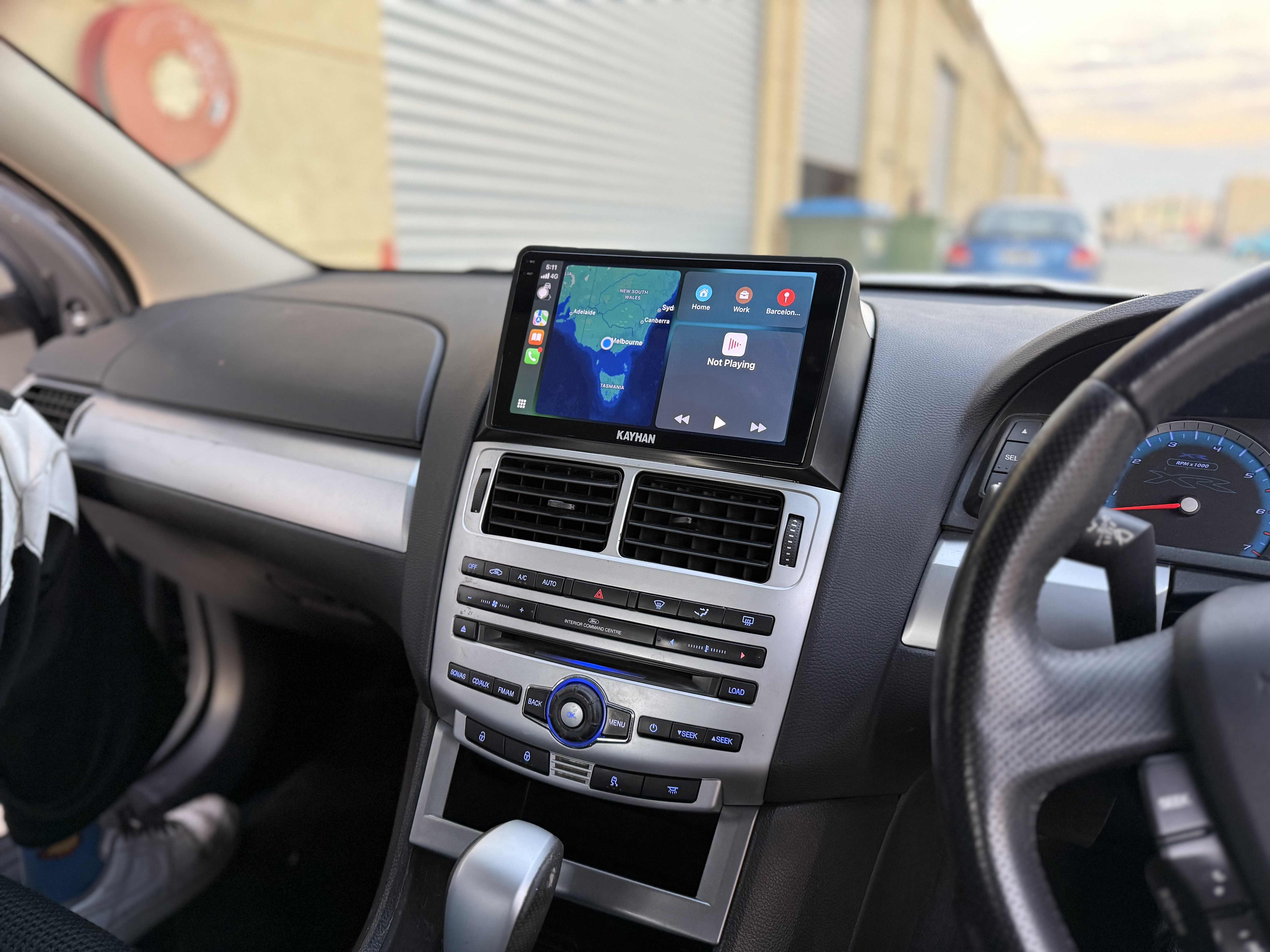 Kayhan Audio Linux head unit installed in Ford Falcon FG MK1 showing Apple CarPlay with Apple Maps