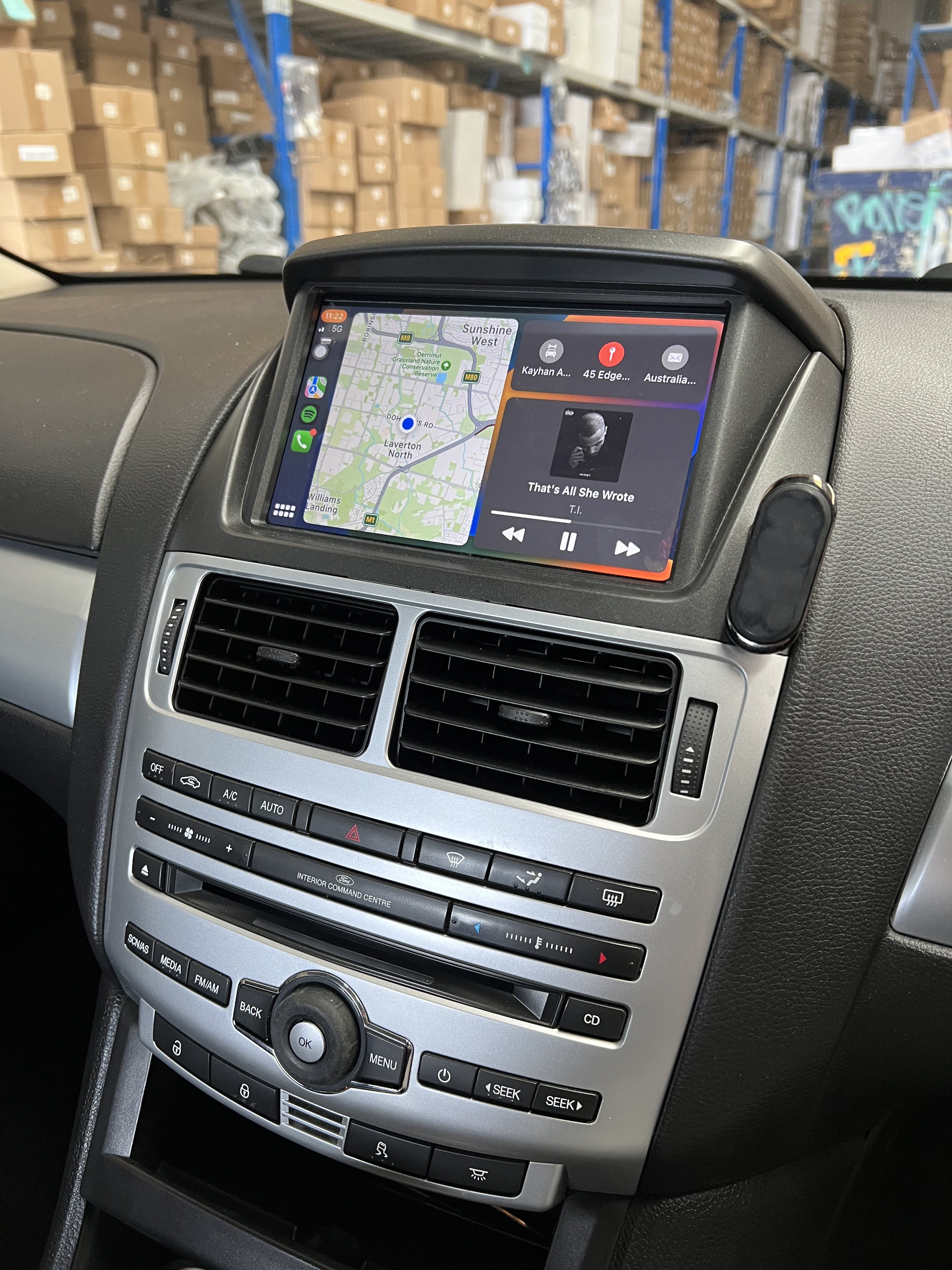Kayhan Audio Linux head unit installed in Ford Falcon FG MK2 showing Apple CarPlay with Maps and music player