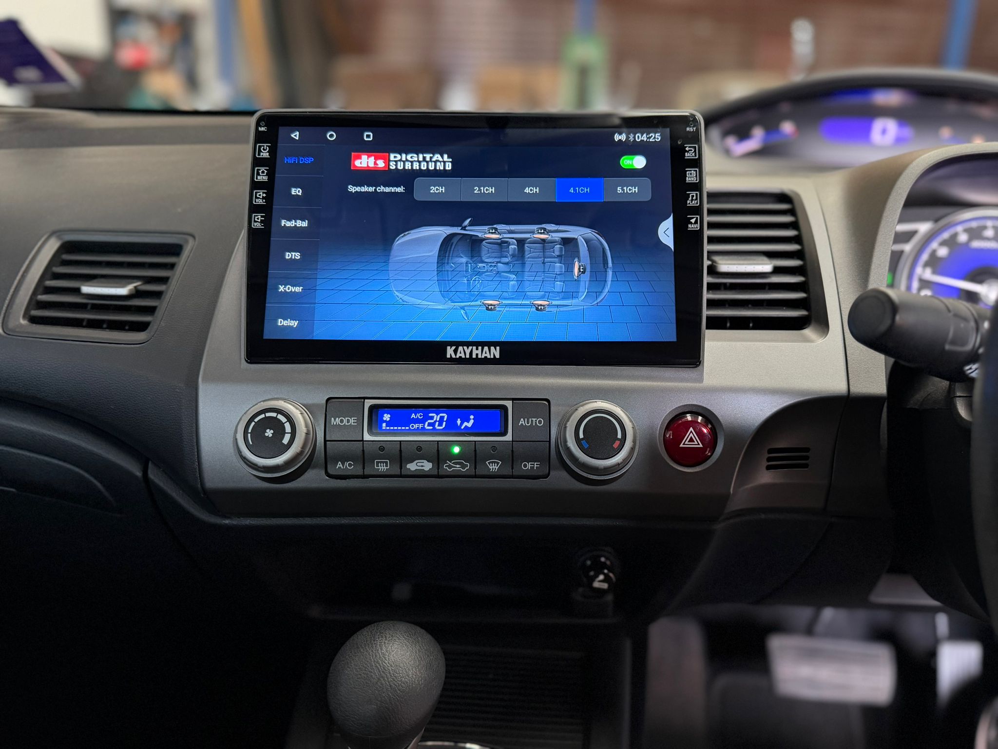 Kayhan Audio head unit HiFi DSP menu showing DTS Digital Surround and speaker channel configuration