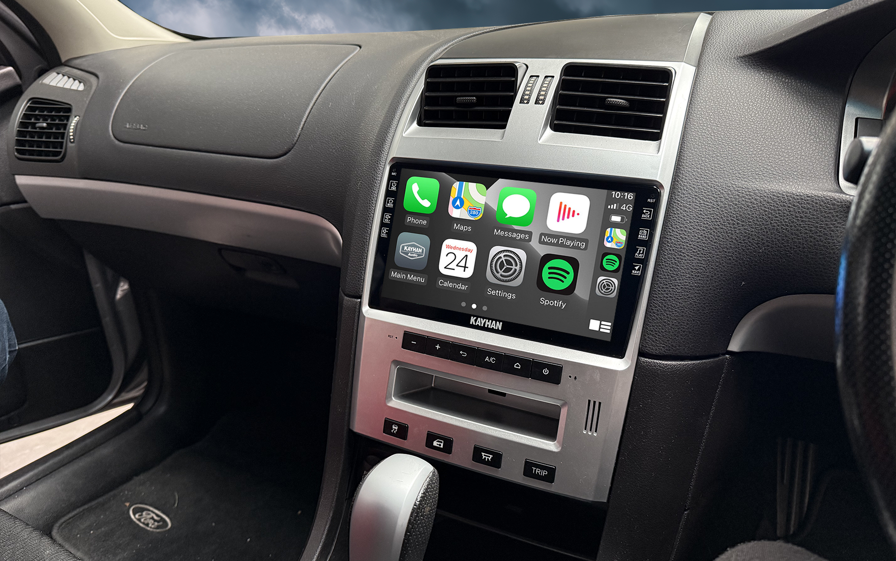 Kayhan Audio 9.6 inch car stereo with Apple CarPlay and silver fascia installed in Ford BA BF Falcon dash