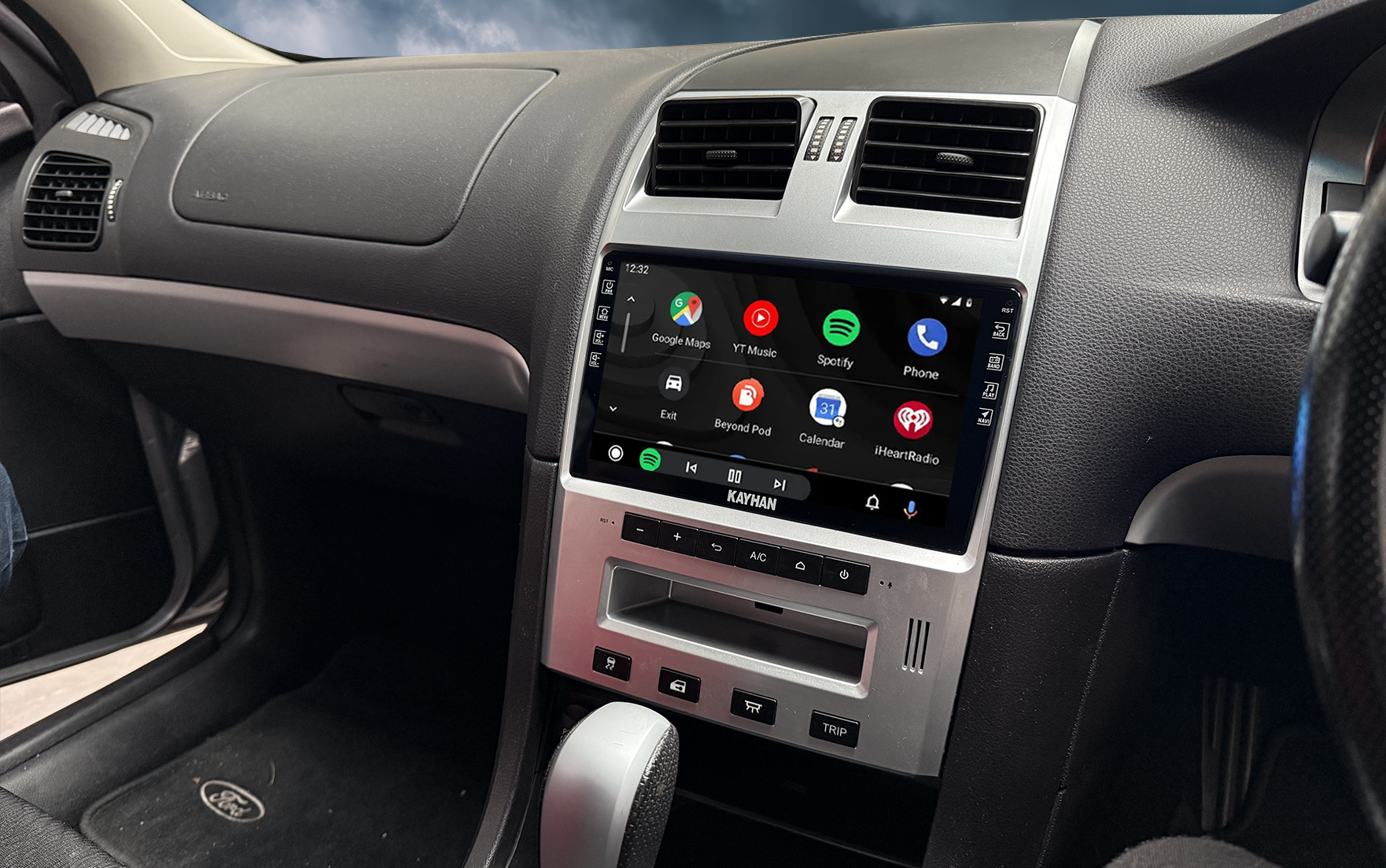 Wireless Android Auto on 9.6 inch Kayhan Audio stereo with silver fascia in Ford Falcon Territory